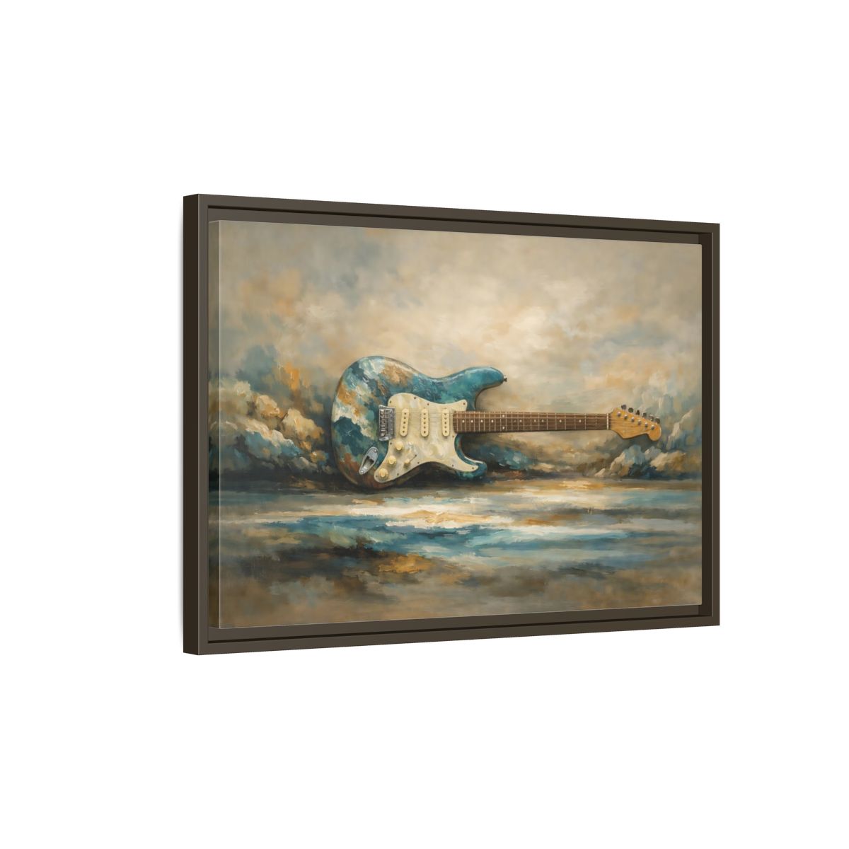 Side Mockup 2. Abstract Electric Guitar Blue Guitar Painting shown as stretched canvas wall art