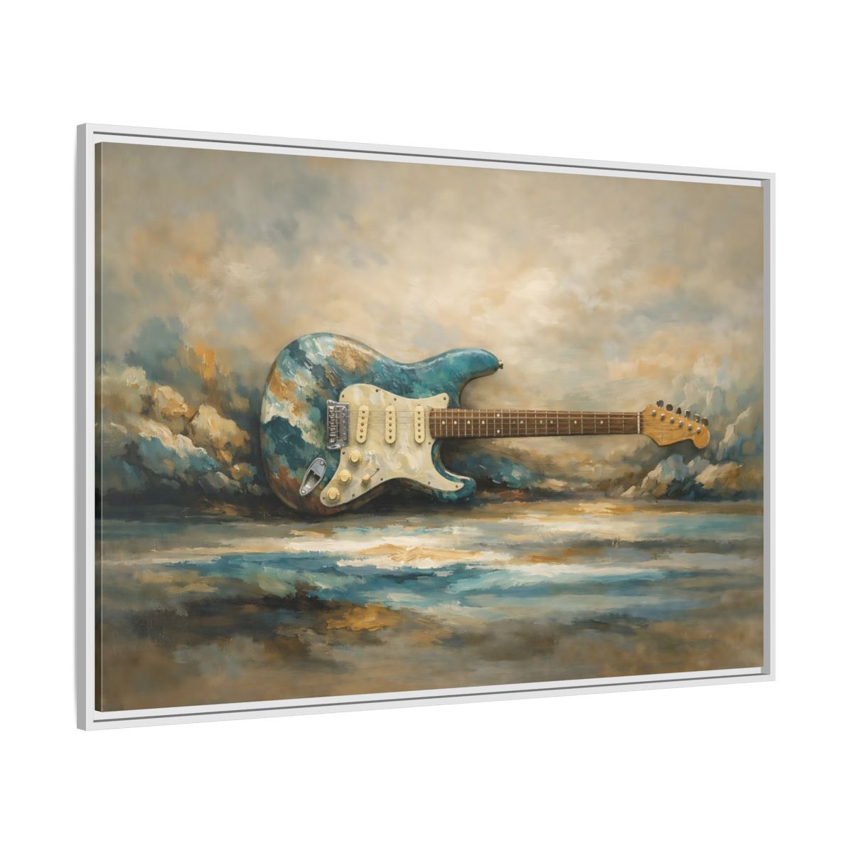 Side Mockup 7. Abstract Electric Guitar Blue Guitar Painting shown as stretched canvas wall art