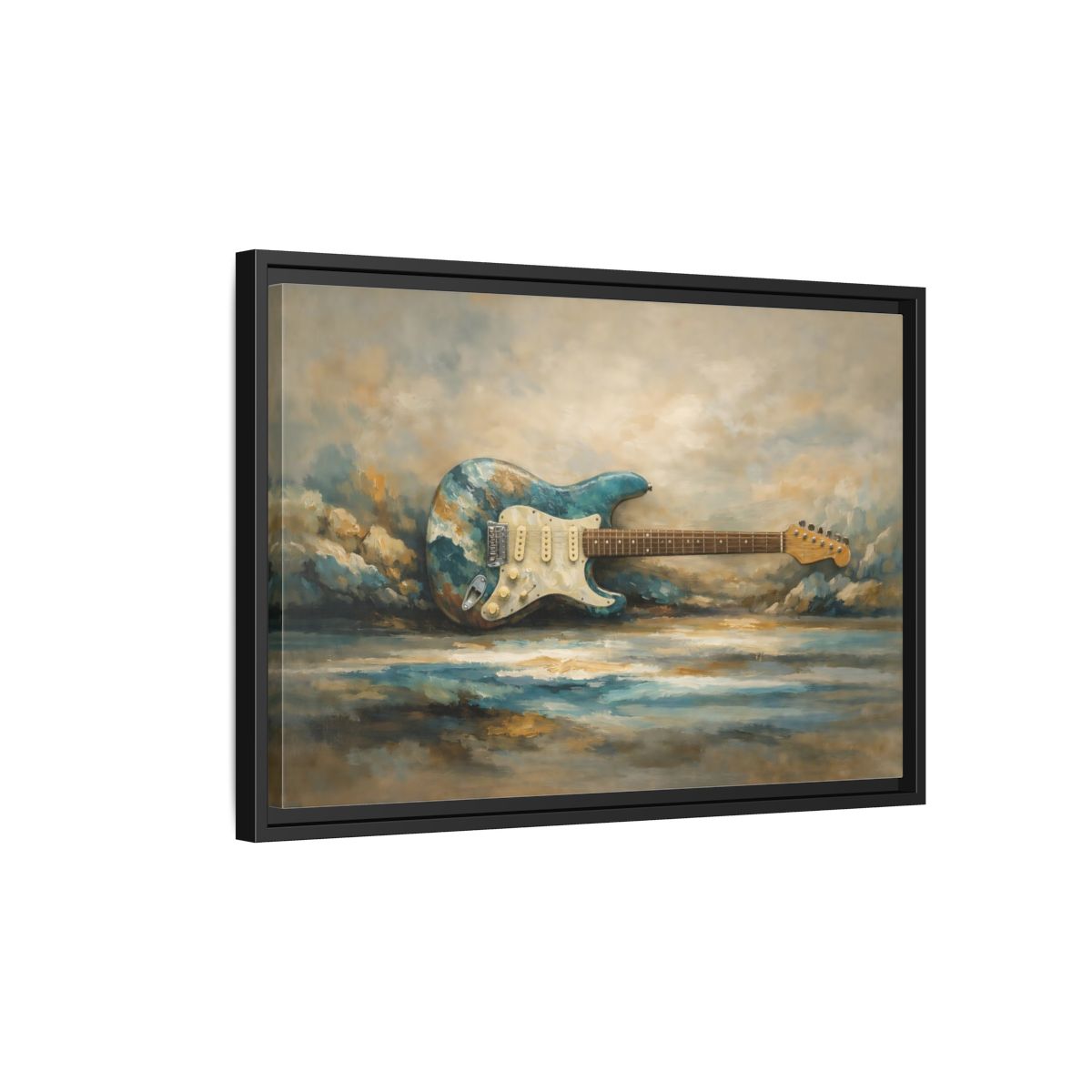 Side Mockup 3. Abstract Electric Guitar Blue Guitar Painting shown as stretched canvas wall art