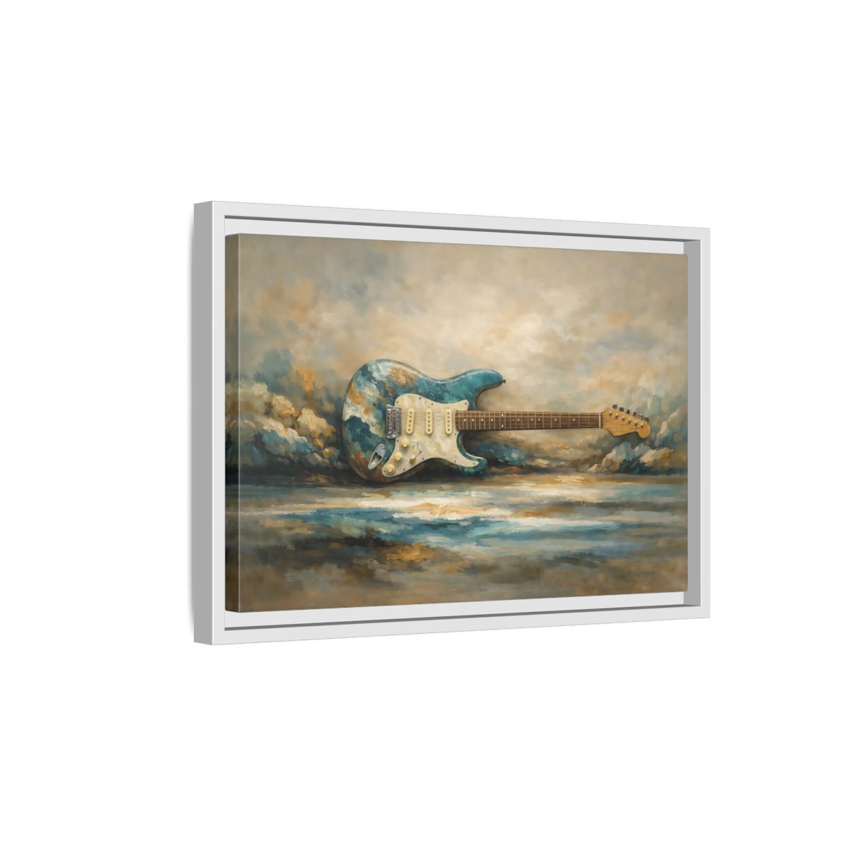 Side Mockup 4. Abstract Electric Guitar Blue Guitar Painting shown as stretched canvas wall art