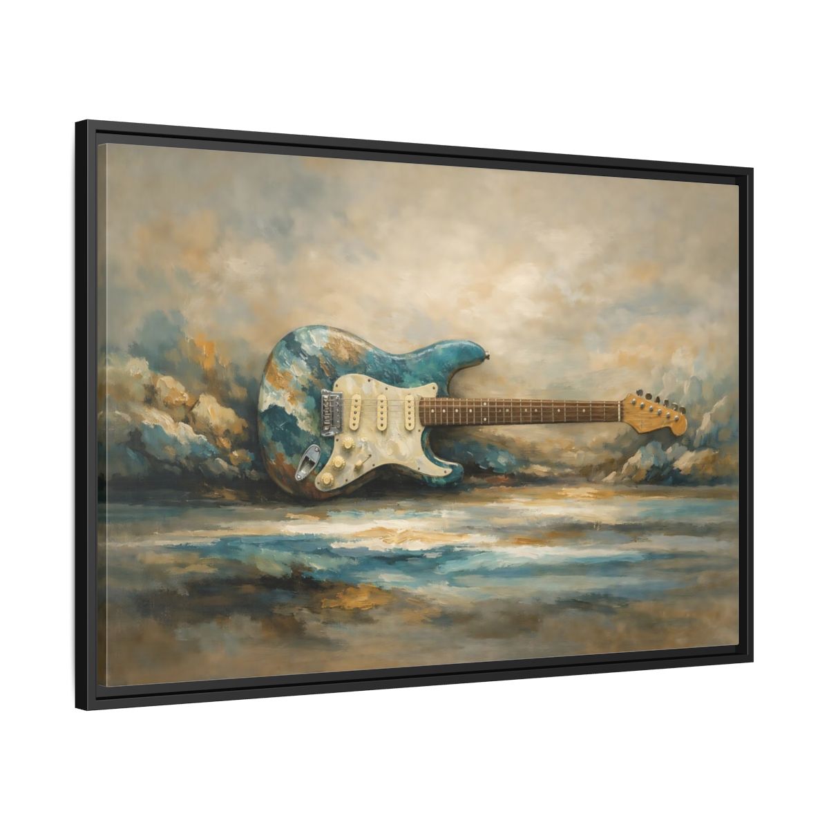 Side Mockup 13. Abstract Electric Guitar Blue Guitar Painting shown as stretched canvas wall art