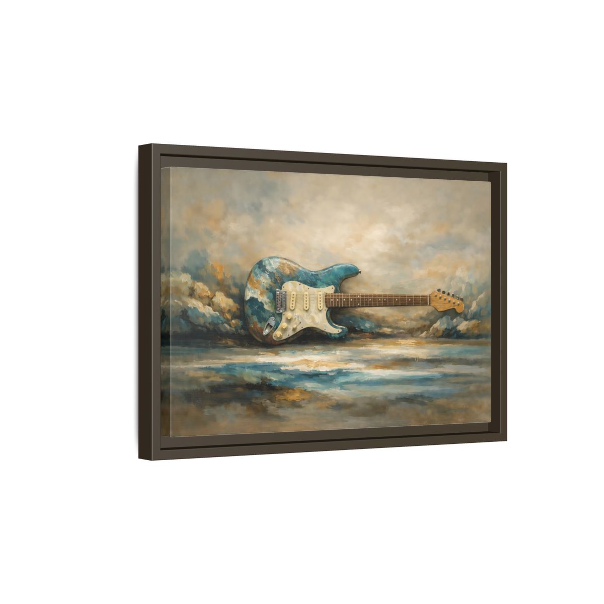 Side Mockup 5. Abstract Electric Guitar Blue Guitar Painting shown as stretched canvas wall art