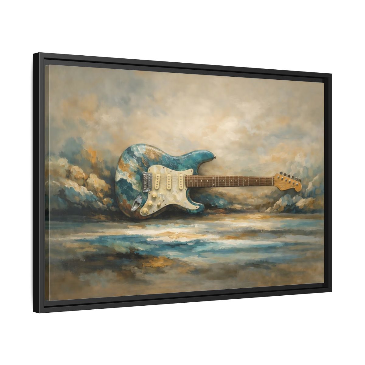 Side Mockup 14. Abstract Electric Guitar Blue Guitar Painting shown as stretched canvas wall art