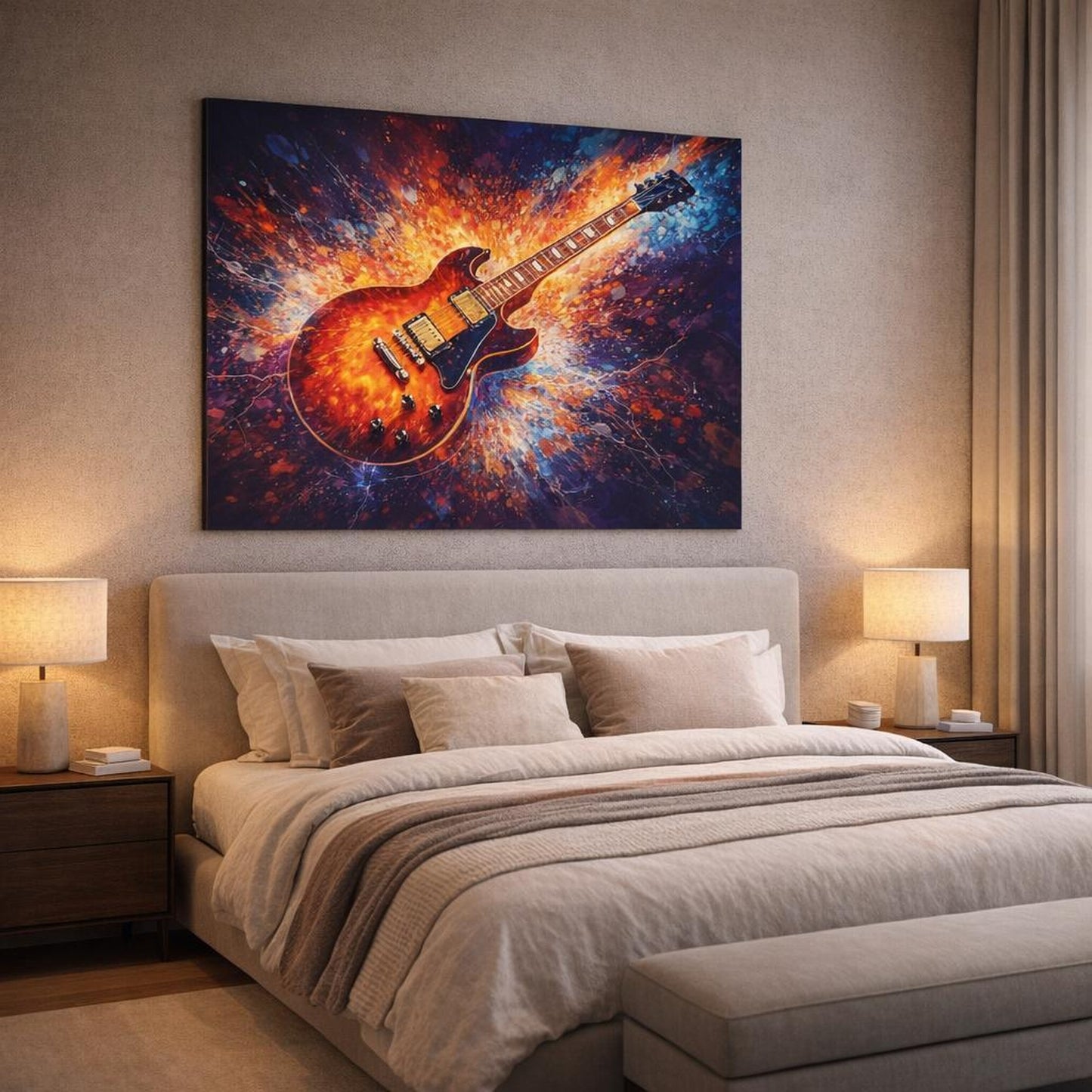 Abstract Electric Guitar Colorful Electric Guitar shown as canvas wall art in a luxury bedroom