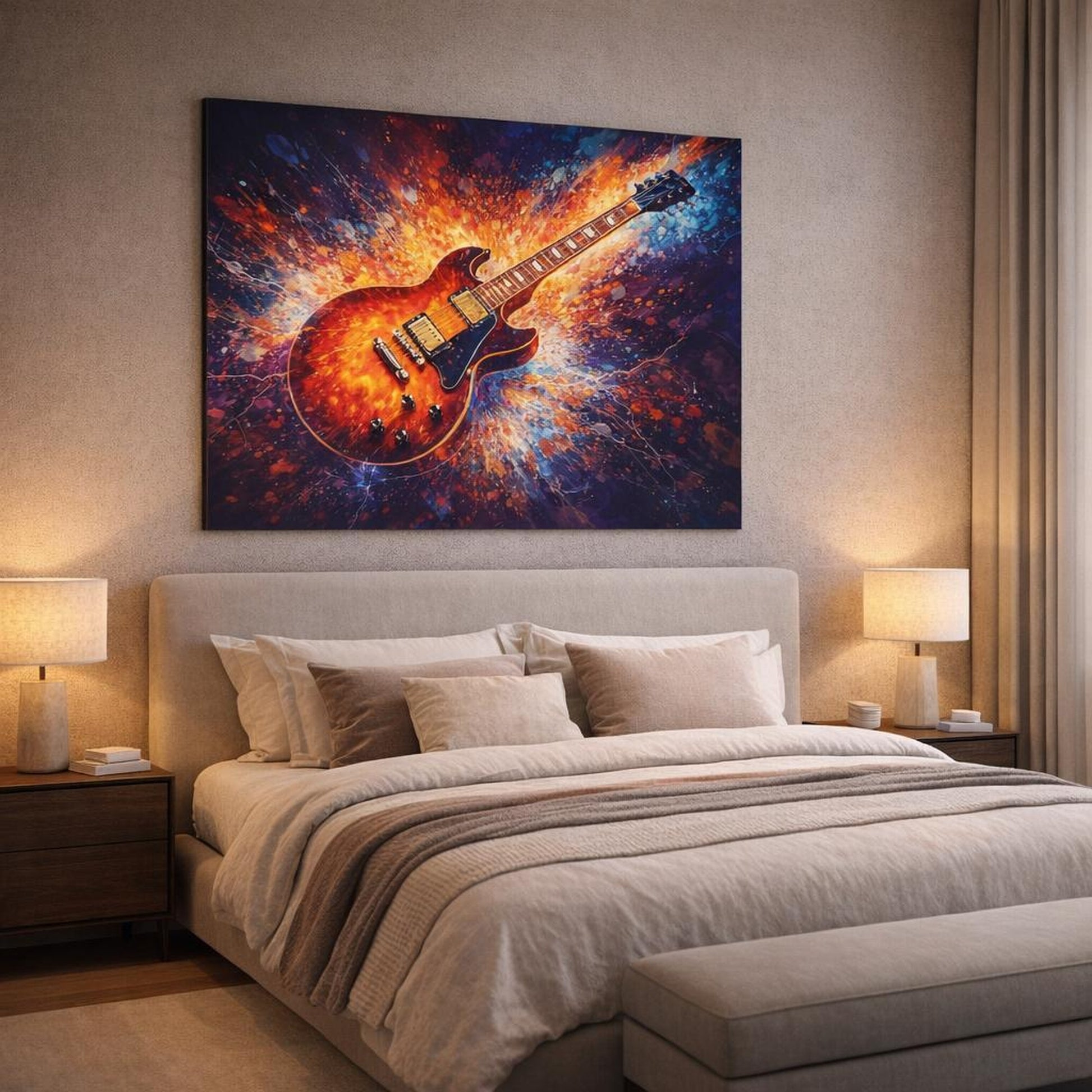 Abstract Electric Guitar Colorful Electric Guitar shown as canvas wall art in a luxury bedroom