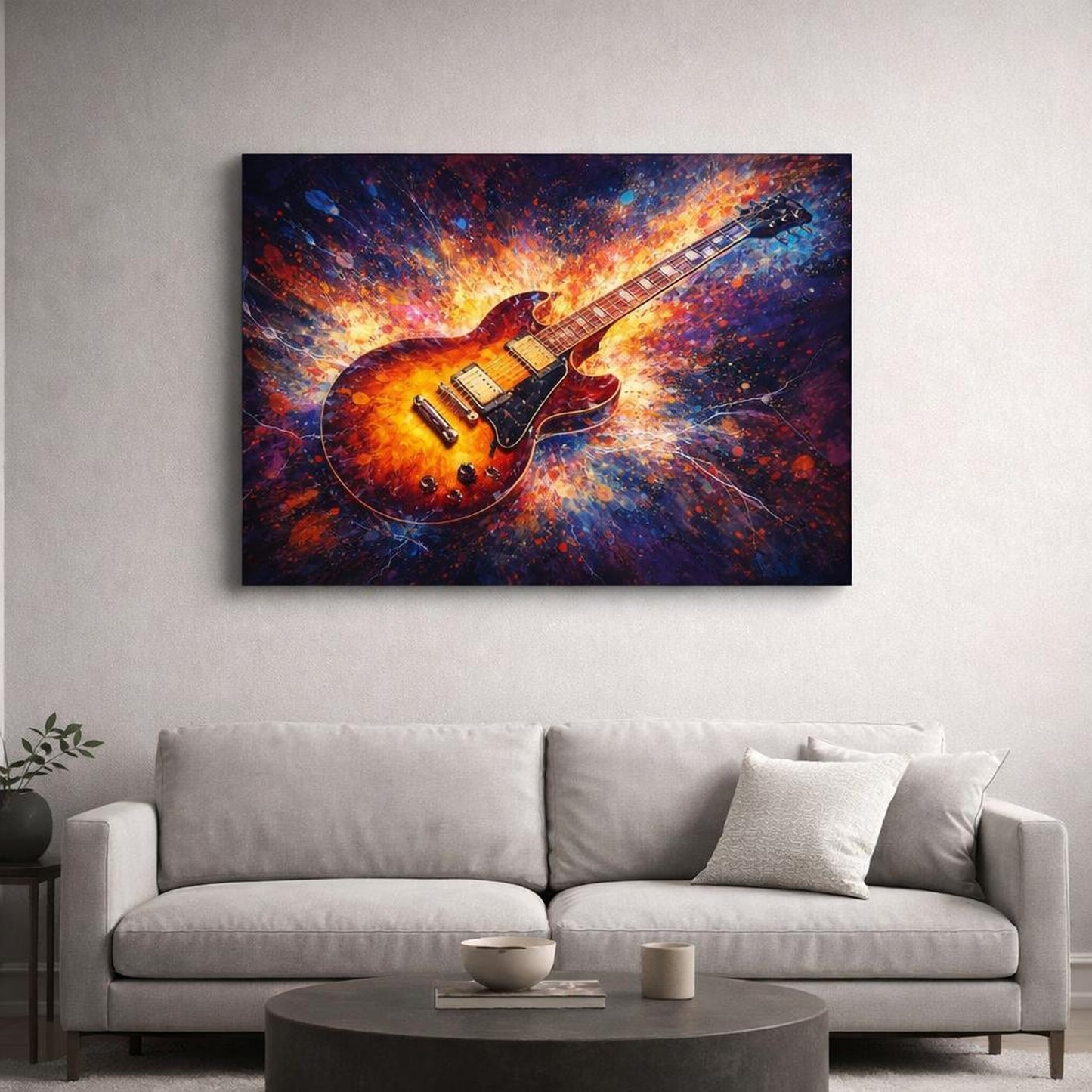 Abstract Electric Guitar Colorful Electric Guitar shown as canvas wall art in a luxury executive office
