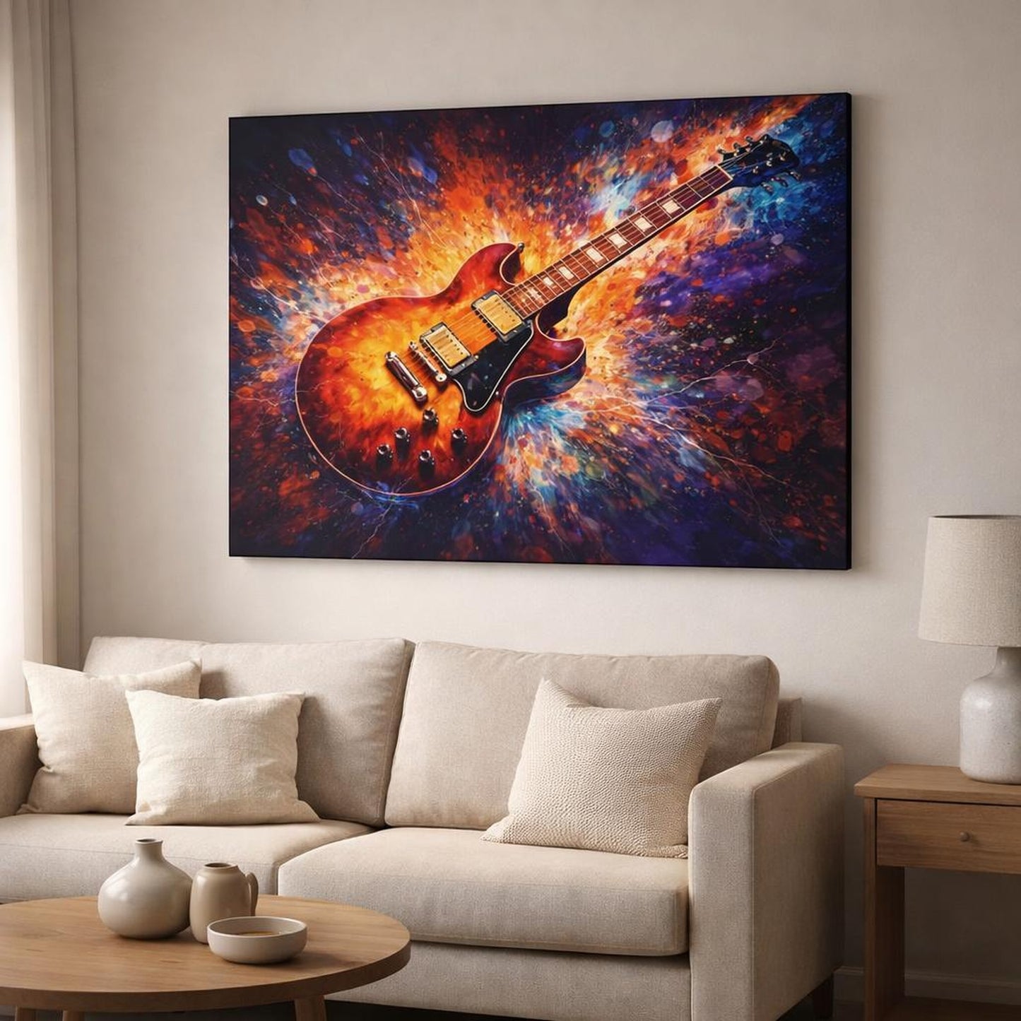 Abstract Electric Guitar Colorful Electric Guitar shown as canvas wall art in a modern living room
