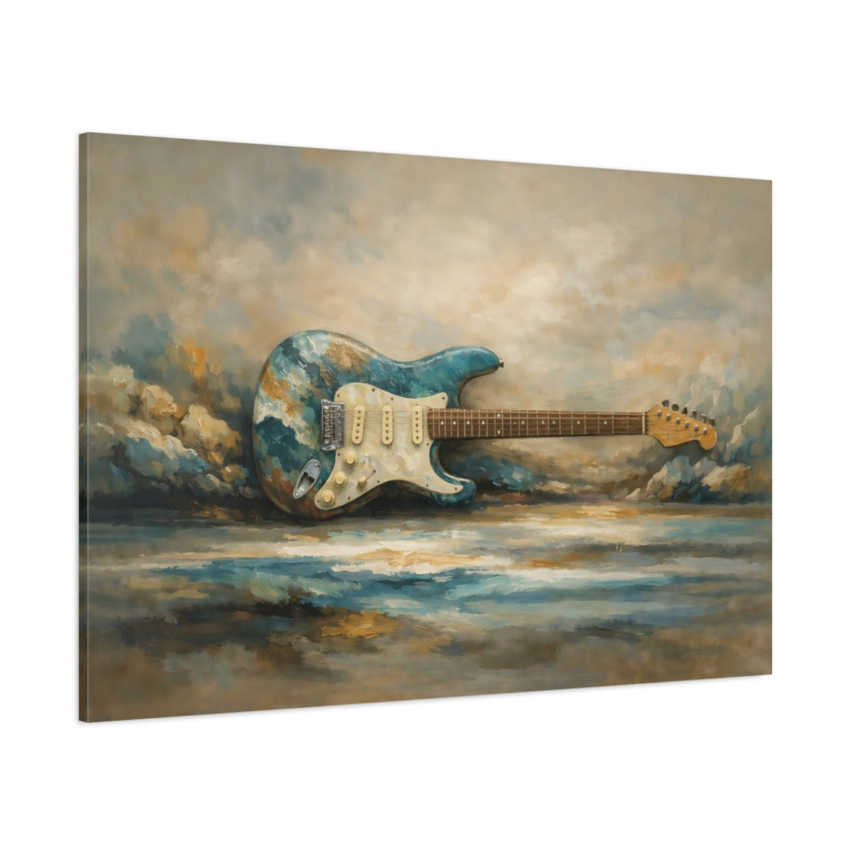 Main Mockup. Abstract Electric Guitar Teal And Brown shown as stretched canvas wall art