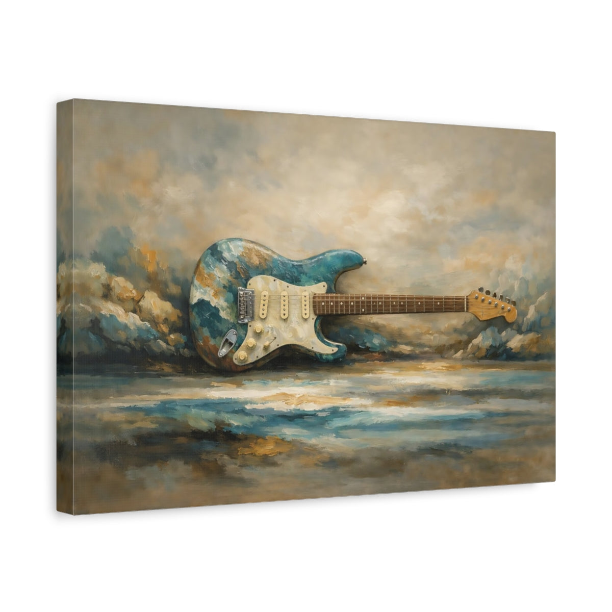 Side Mockup 4. Abstract Electric Guitar Teal And Brown shown as stretched canvas wall art