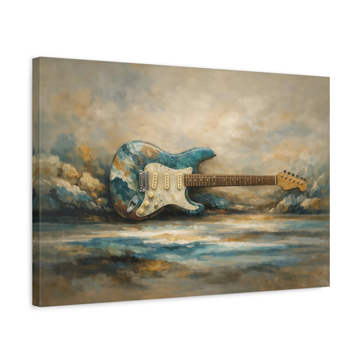 Side Mockup 3. Abstract Electric Guitar Teal And Brown shown as stretched canvas wall art