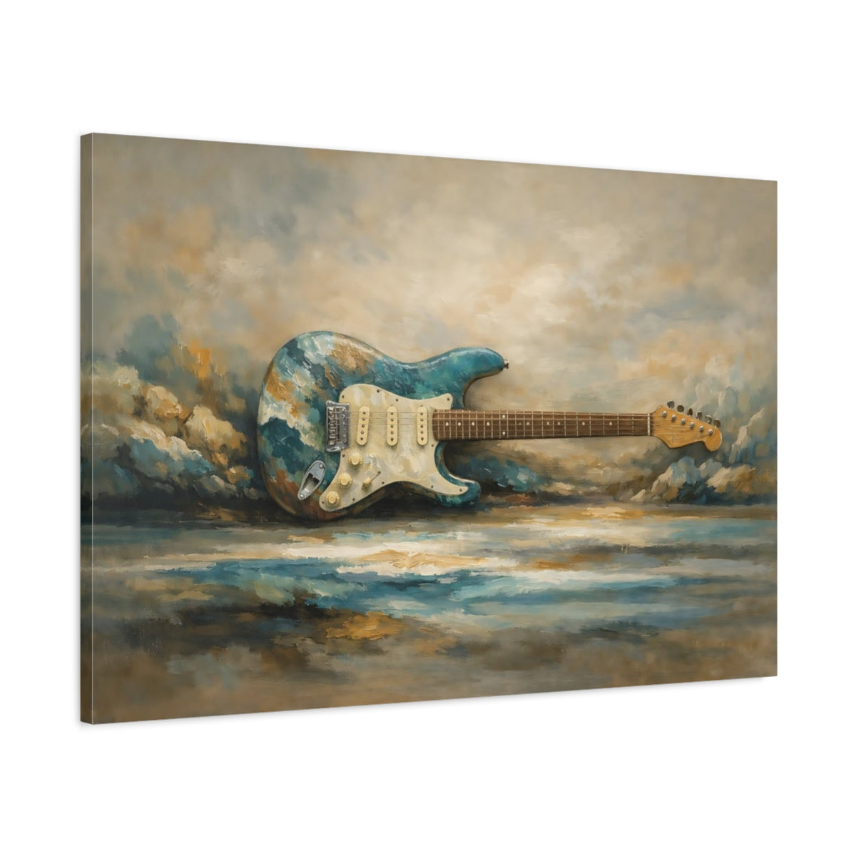 Side Mockup 1. Abstract Electric Guitar Teal And Brown shown as stretched canvas wall art