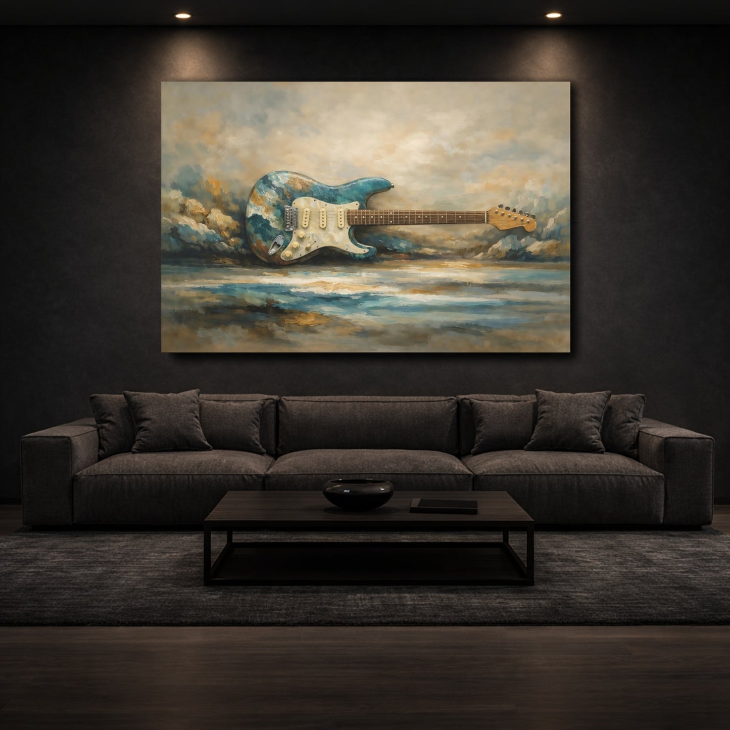Mockup 2. Abstract Electric Guitar Teal And Brown shown as stretched canvas wall art