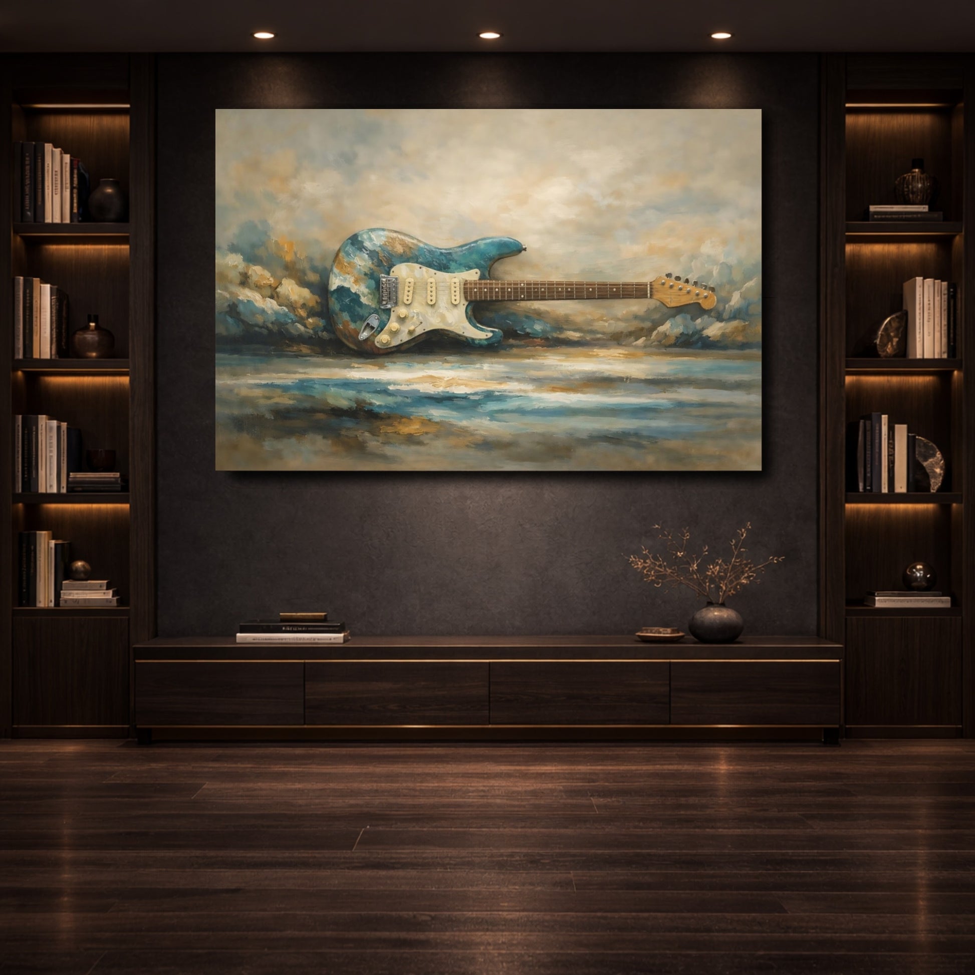 Mockup 3. Abstract Electric Guitar Teal And Brown shown as stretched canvas wall art