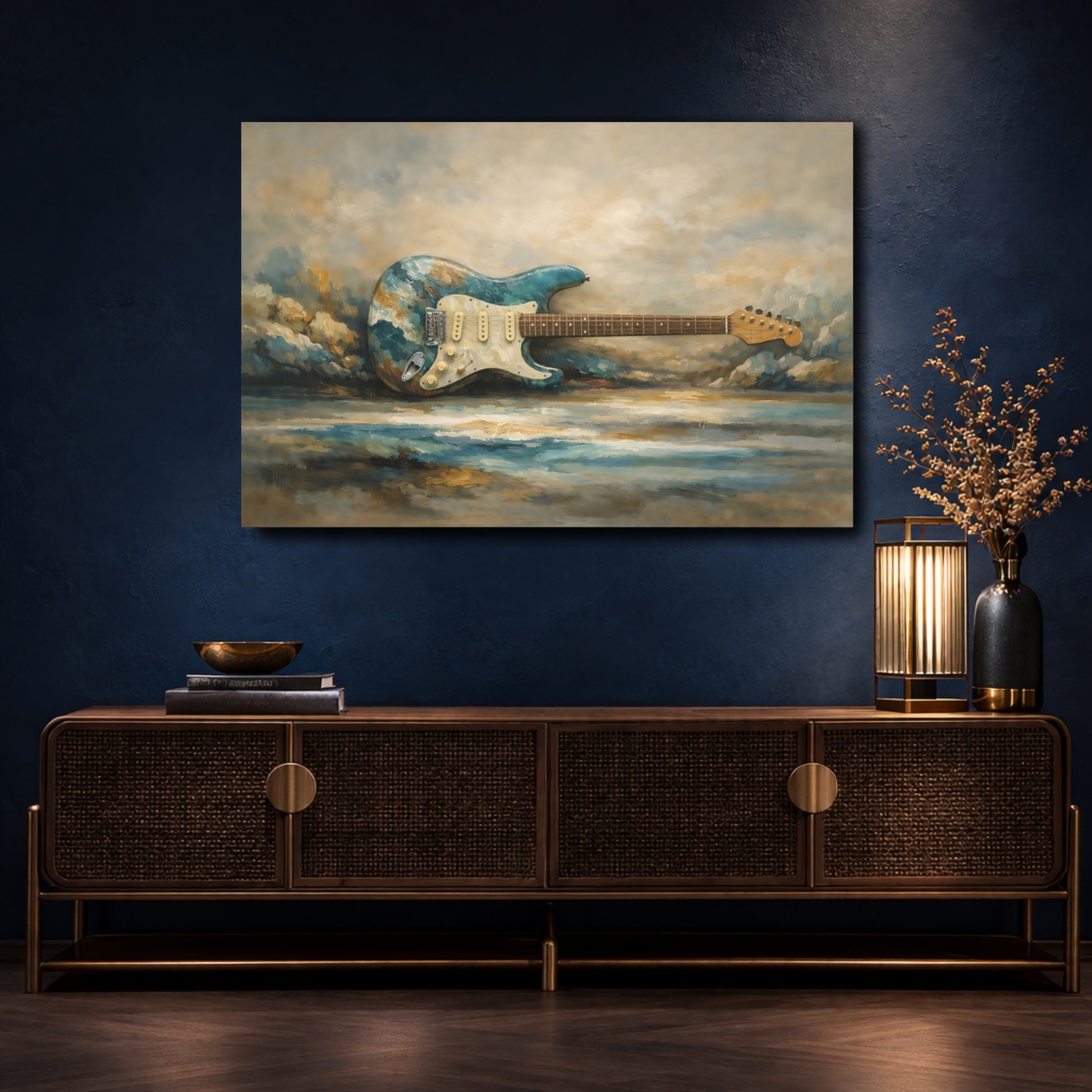 Mockup 4. Abstract Electric Guitar Teal And Brown shown as stretched canvas wall art