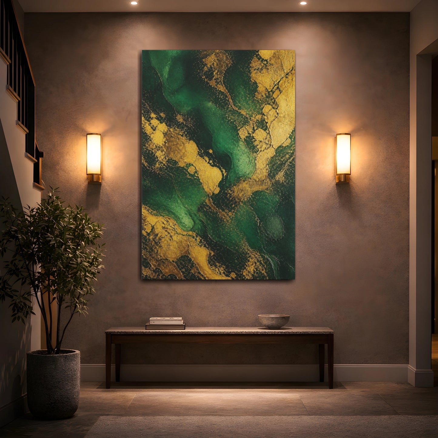Mockup 2. Abstract Emerald Gold Veins shown as canvas print