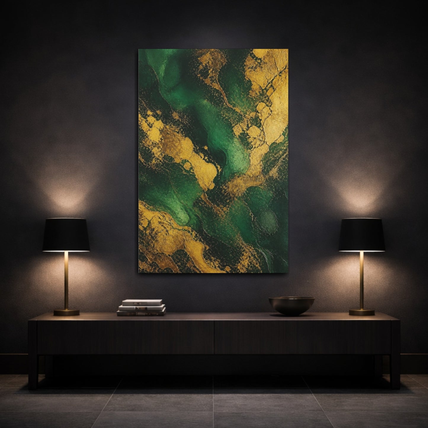 Mockup 3. Abstract Emerald Gold Veins shown as canvas print