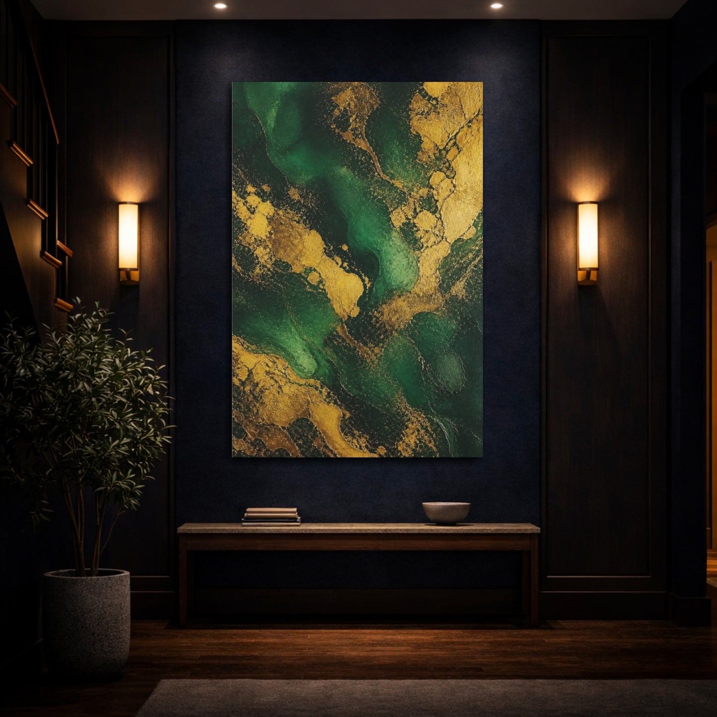 Mockup 4. Abstract Emerald Gold Veins shown as canvas print