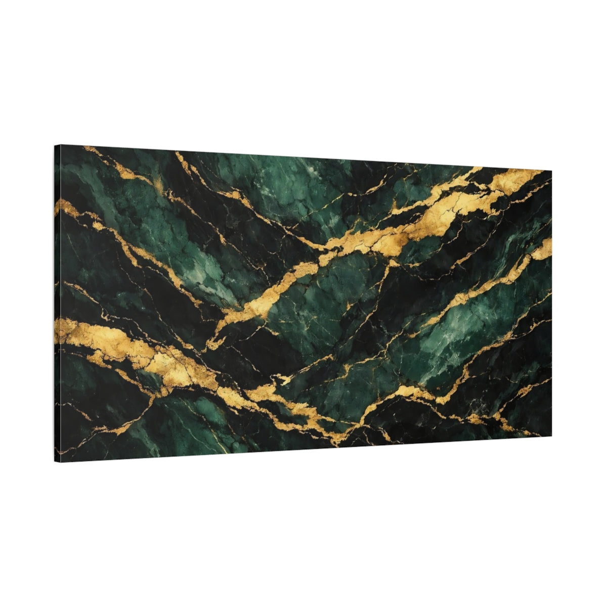 Main Mockup. Abstract Emerald Marble Emerald Gold Marble shown as stretched canvas wall art