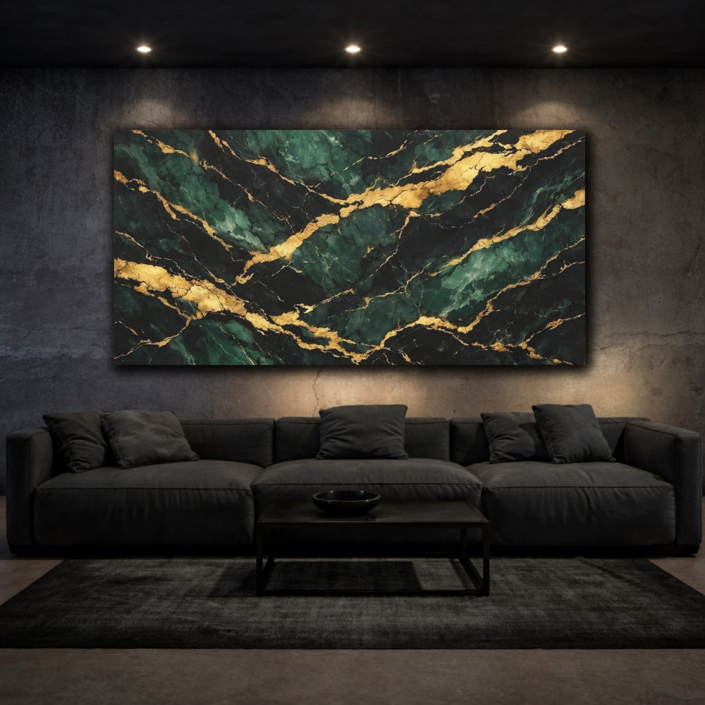 Mockup 2. Abstract Emerald Marble Emerald Gold Marble shown as stretched canvas wall art