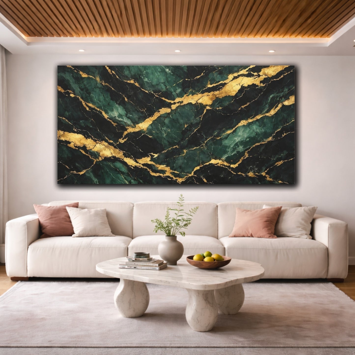 Mockup 3. Abstract Emerald Marble Emerald Gold Marble shown as stretched canvas wall art