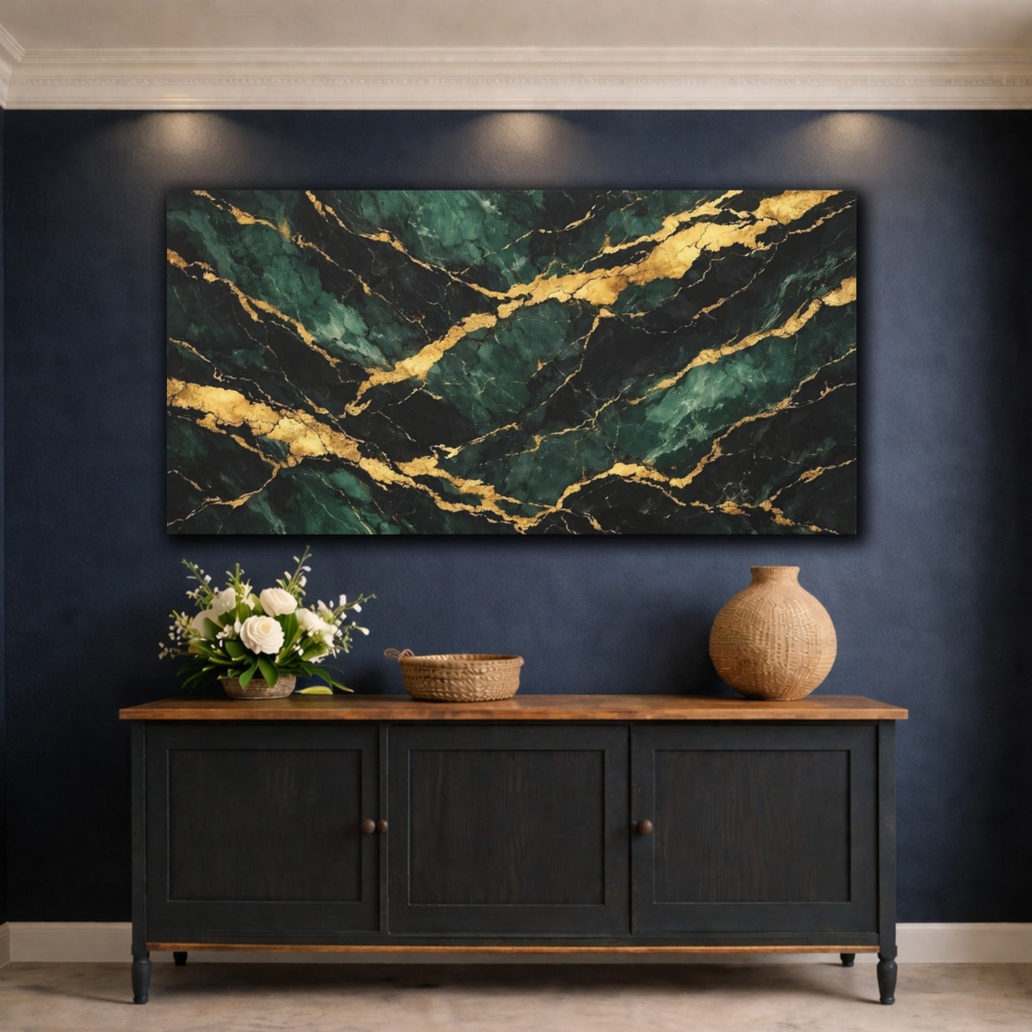 Mockup 4. Abstract Emerald Marble Emerald Gold Marble shown as stretched canvas wall art