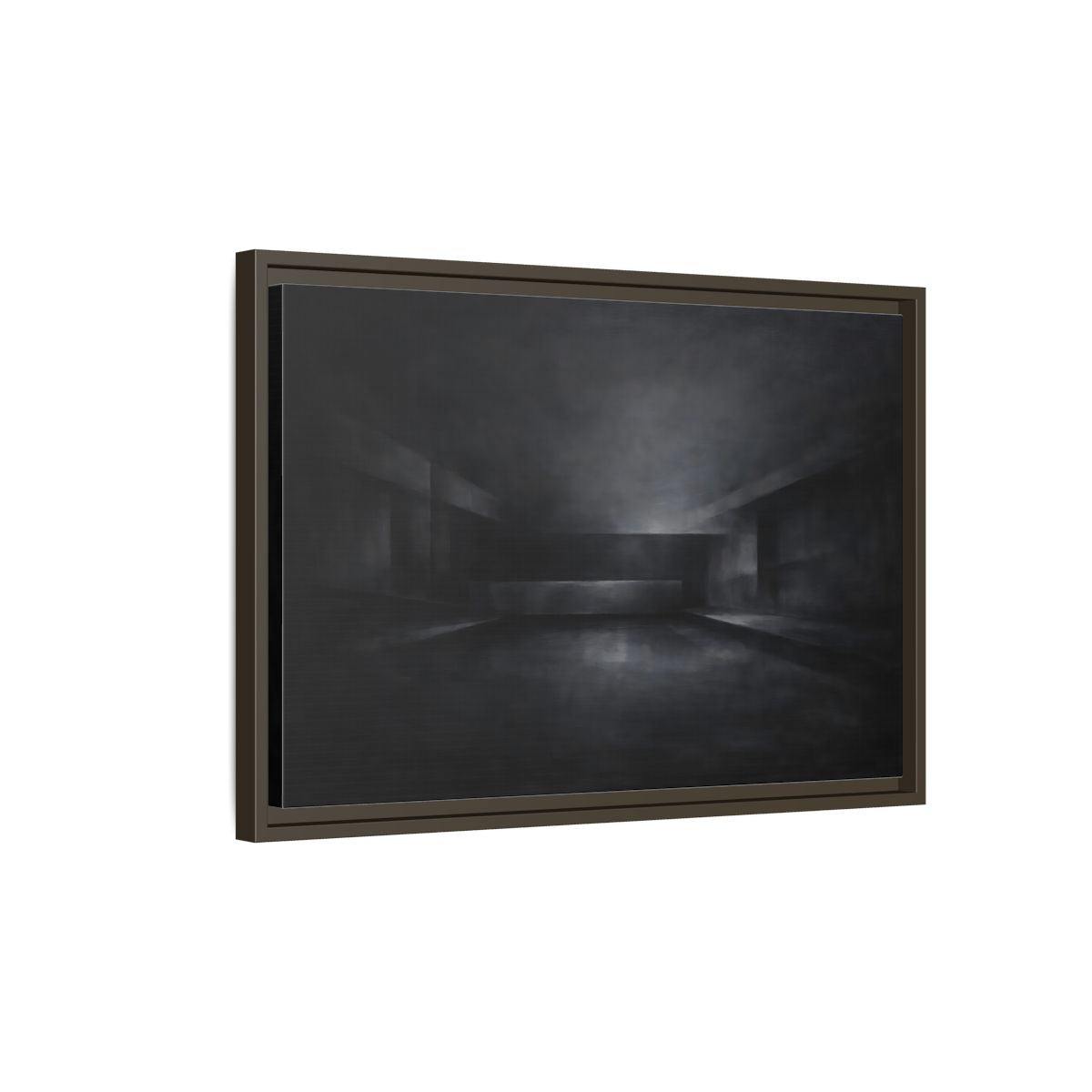 Side Mockup 2. Abstract Empty Room Black And Grey shown as stretched canvas wall art