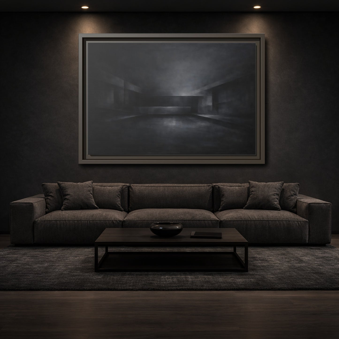 Mockup 2. Abstract Empty Room Black And Grey shown as stretched canvas wall art