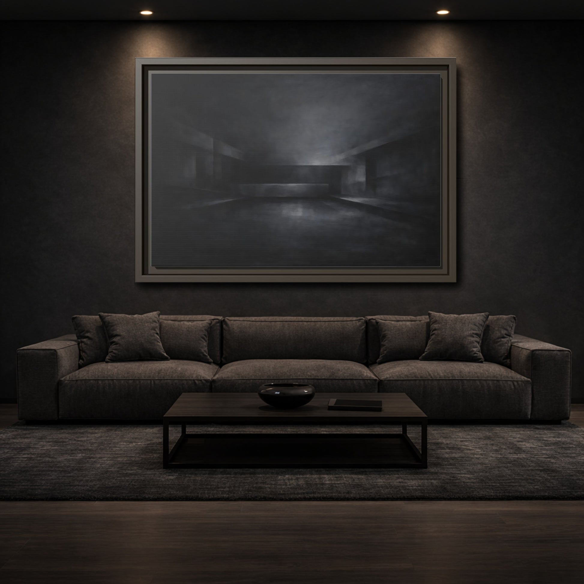 Mockup 2. Abstract Empty Room Black And Grey shown as stretched canvas wall art