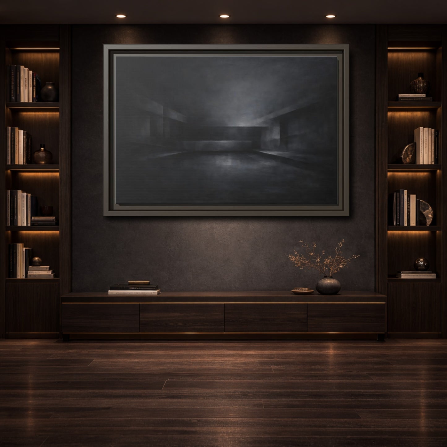 Mockup 3. Abstract Empty Room Black And Grey shown as stretched canvas wall art