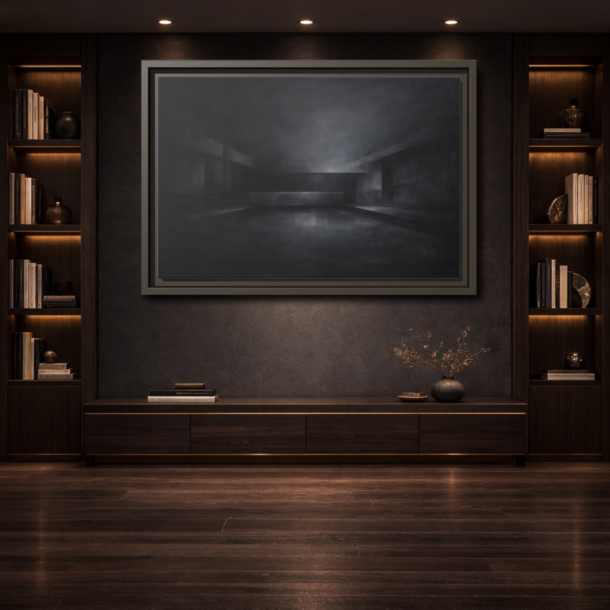 Mockup 3. Abstract Empty Room Black And Grey shown as stretched canvas wall art