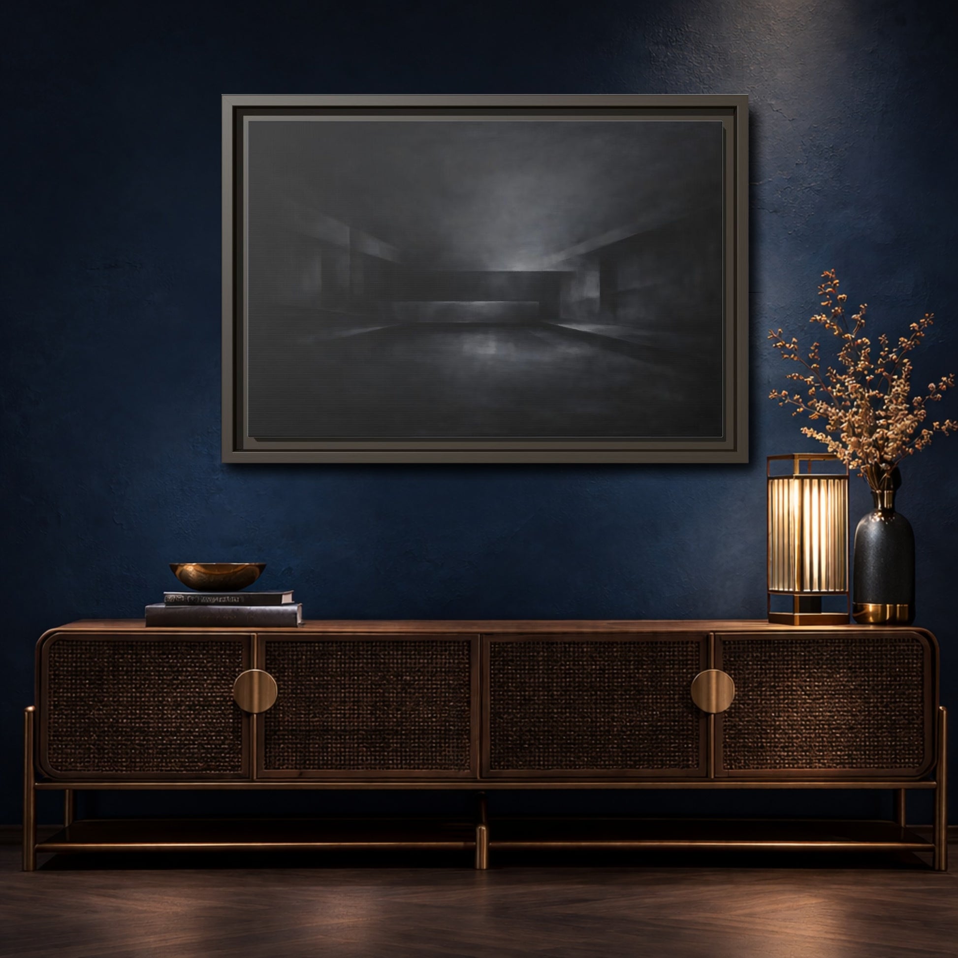 Mockup 4. Abstract Empty Room Black And Grey shown as stretched canvas wall art