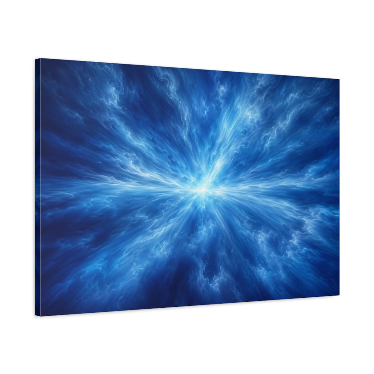 Main Mockup. Abstract Energy Burst Blue Abstract shown as stretched canvas wall art