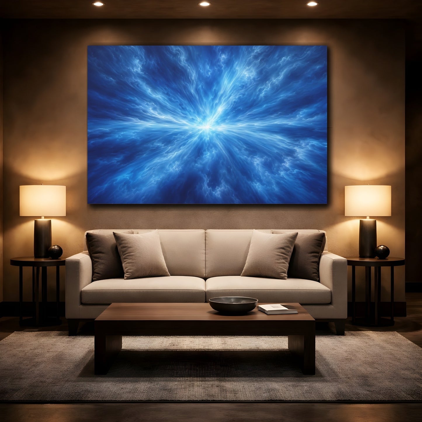 Mockup 2. Abstract Energy Burst Blue Abstract shown as stretched canvas wall art