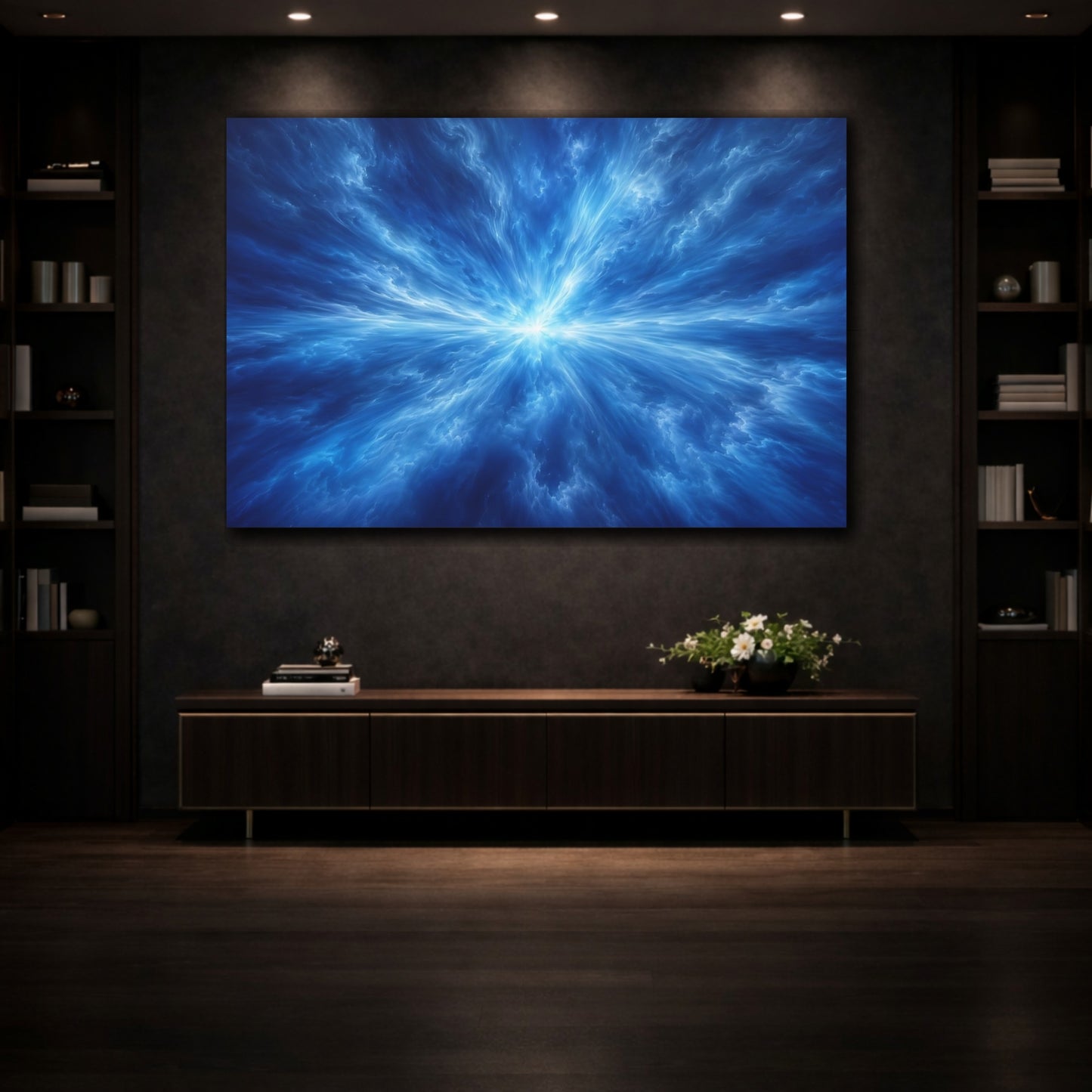 Mockup 3. Abstract Energy Burst Blue Abstract shown as stretched canvas wall art