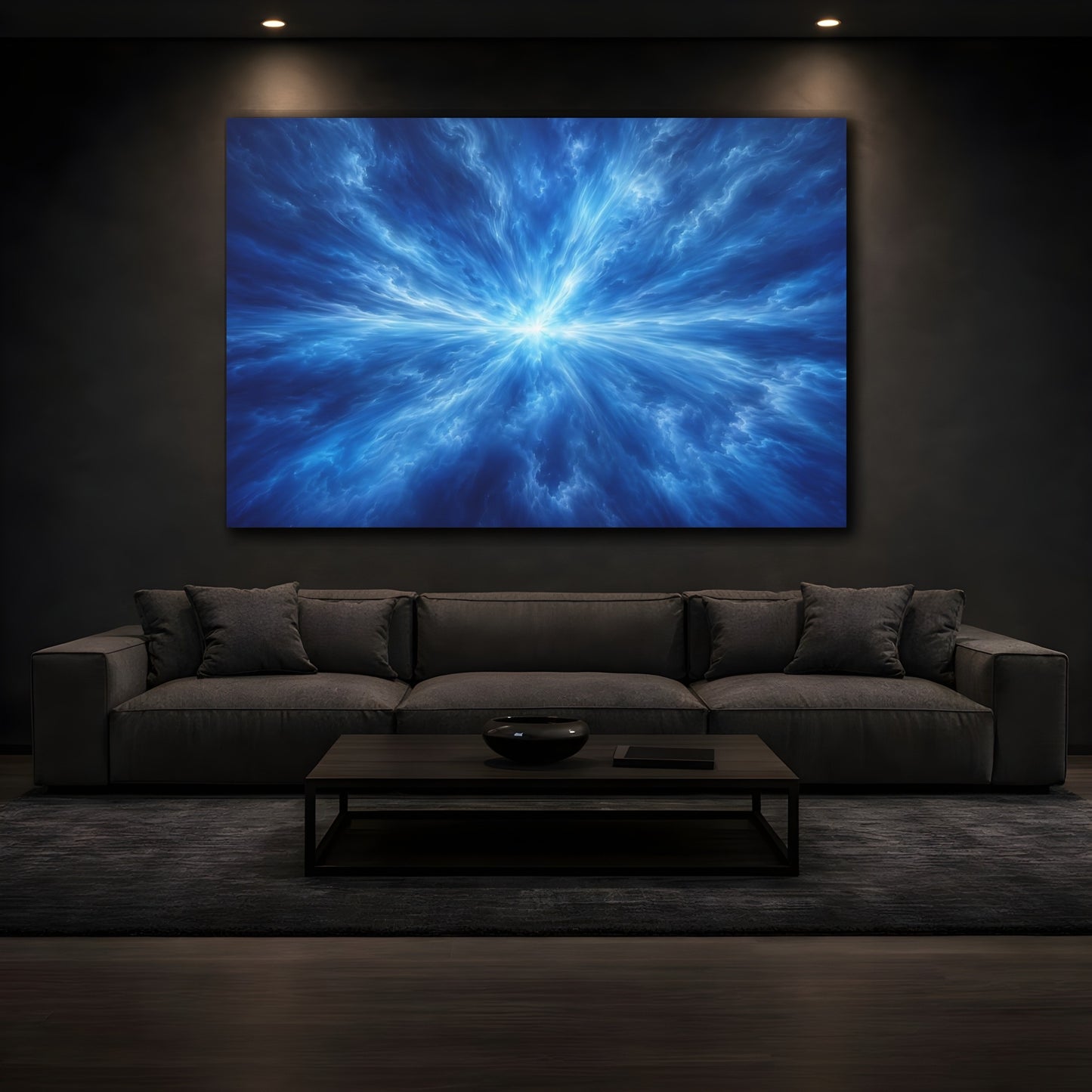 Mockup 4. Abstract Energy Burst Blue Abstract shown as stretched canvas wall art
