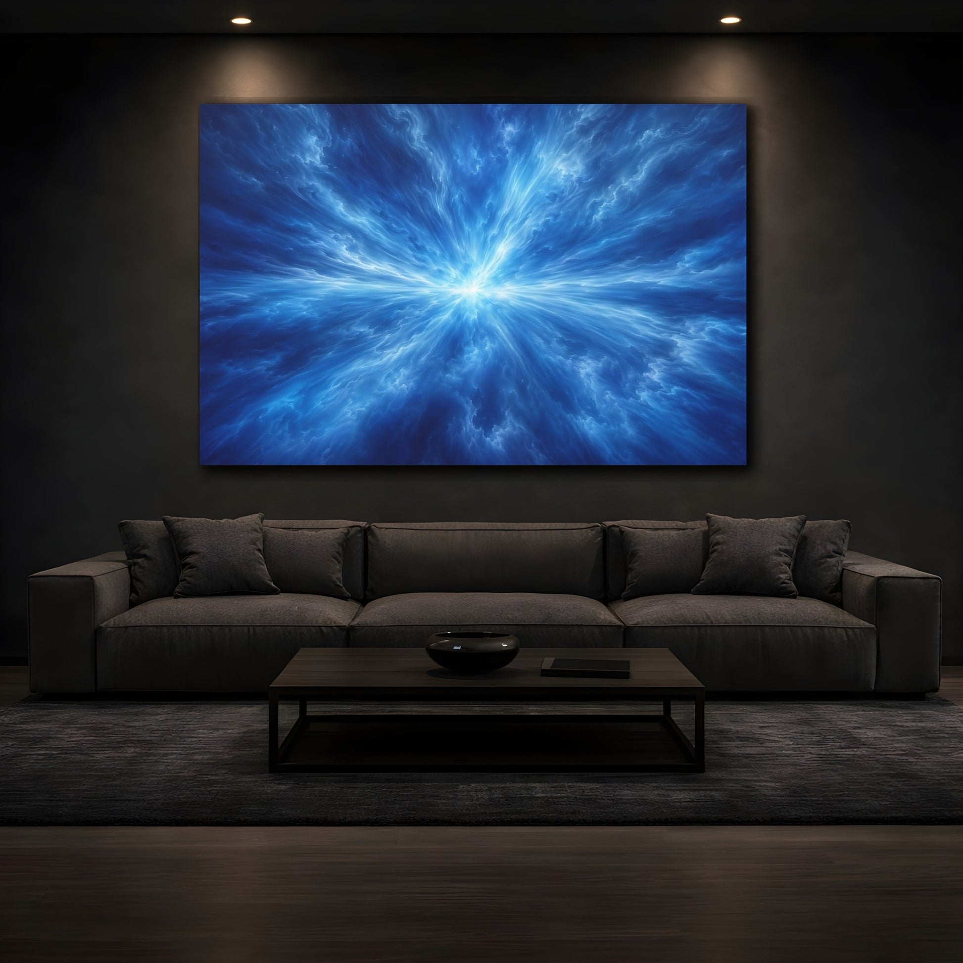 Mockup 4. Abstract Energy Burst Blue Abstract shown as stretched canvas wall art