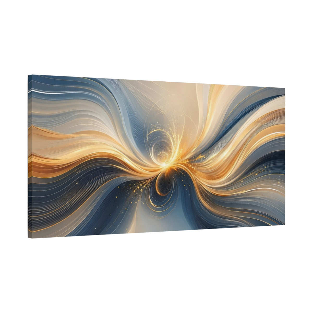 Main Mockup. Abstract Energy Burst Blue And Gold shown as stretched canvas wall art