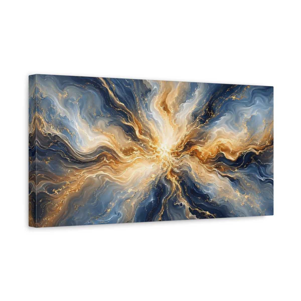 Side Mockup 3. Abstract Energy Burst Blue And Gold shown as stretched canvas wall art