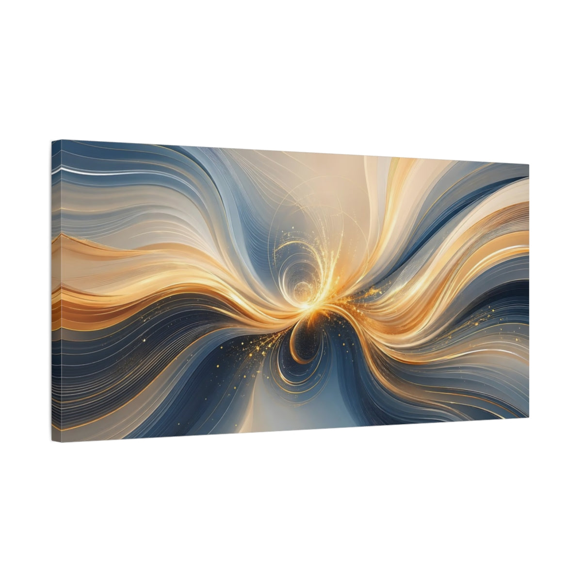 Side Mockup 1. Abstract Energy Burst Blue And Gold shown as stretched canvas wall art