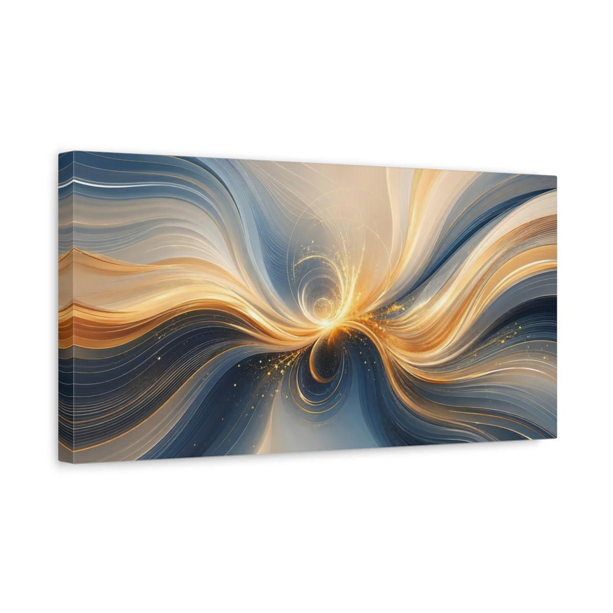 Side Mockup 3. Abstract Energy Burst Blue And Gold shown as stretched canvas wall art
