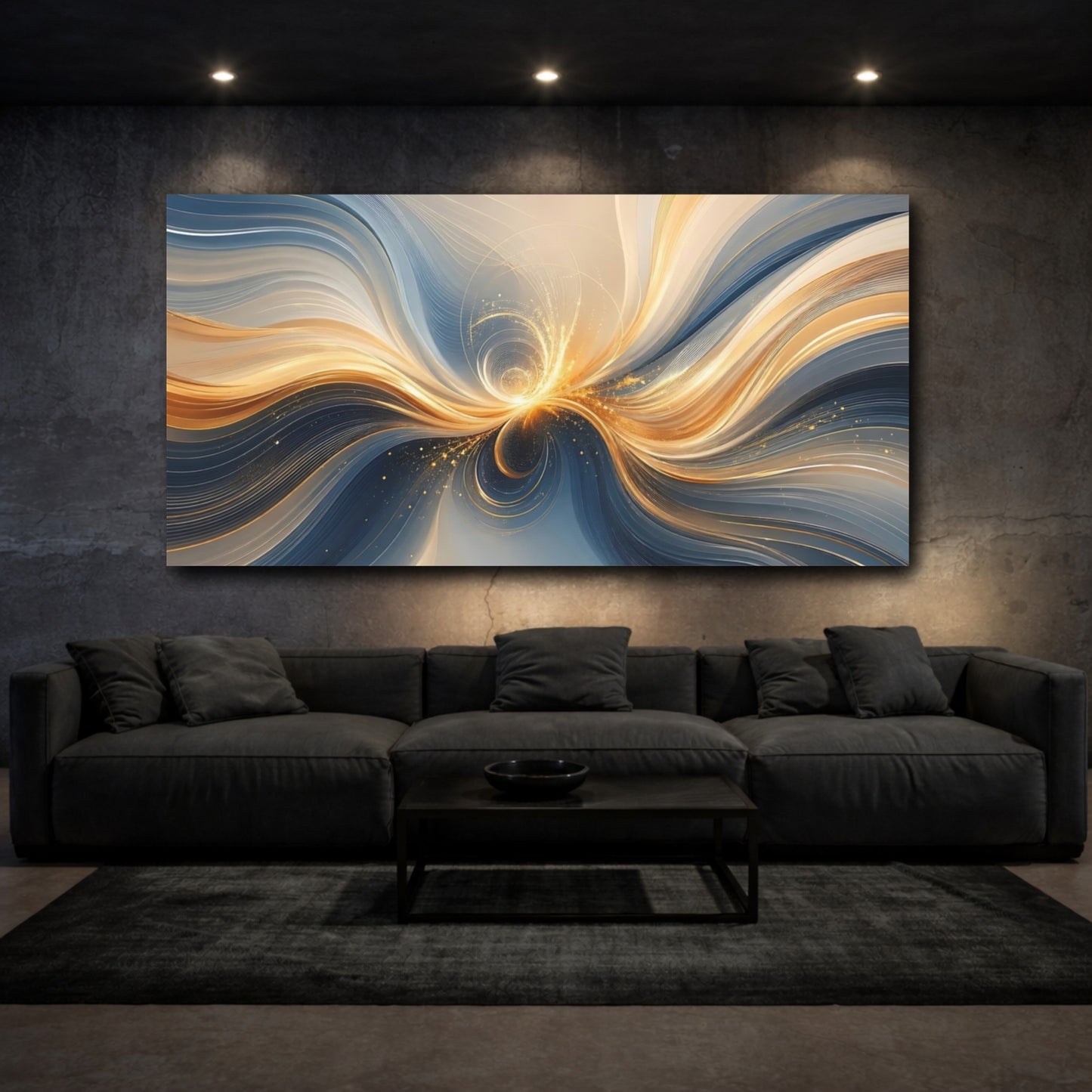 Mockup 2. Abstract Energy Burst Blue And Gold shown as stretched canvas wall art