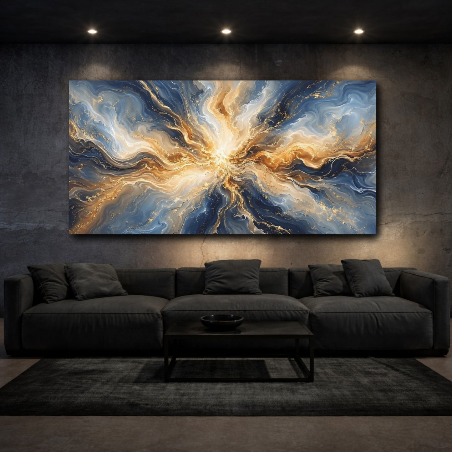 Mockup 2. Abstract Energy Burst Blue And Gold shown as stretched canvas wall art