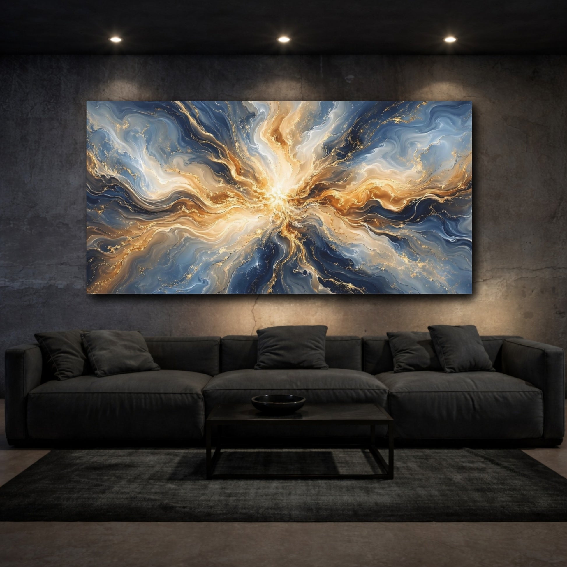 Mockup 2. Abstract Energy Burst Blue And Gold shown as stretched canvas wall art