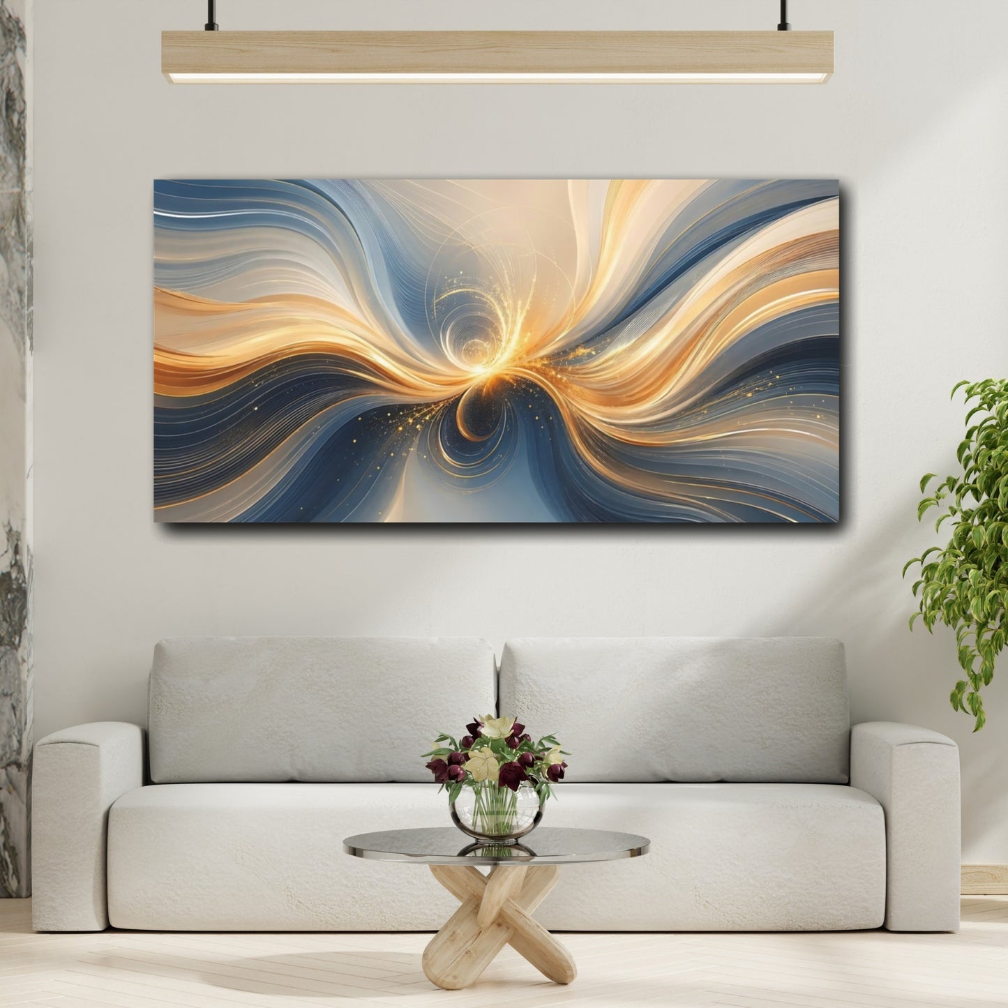 Mockup 3. Abstract Energy Burst Blue And Gold shown as stretched canvas wall art