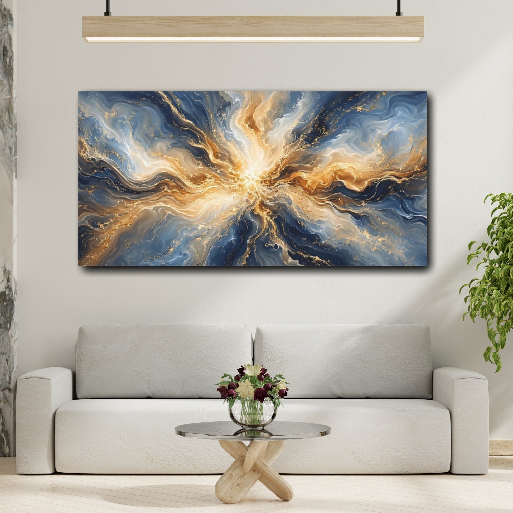 Mockup 3. Abstract Energy Burst Blue And Gold shown as stretched canvas wall art