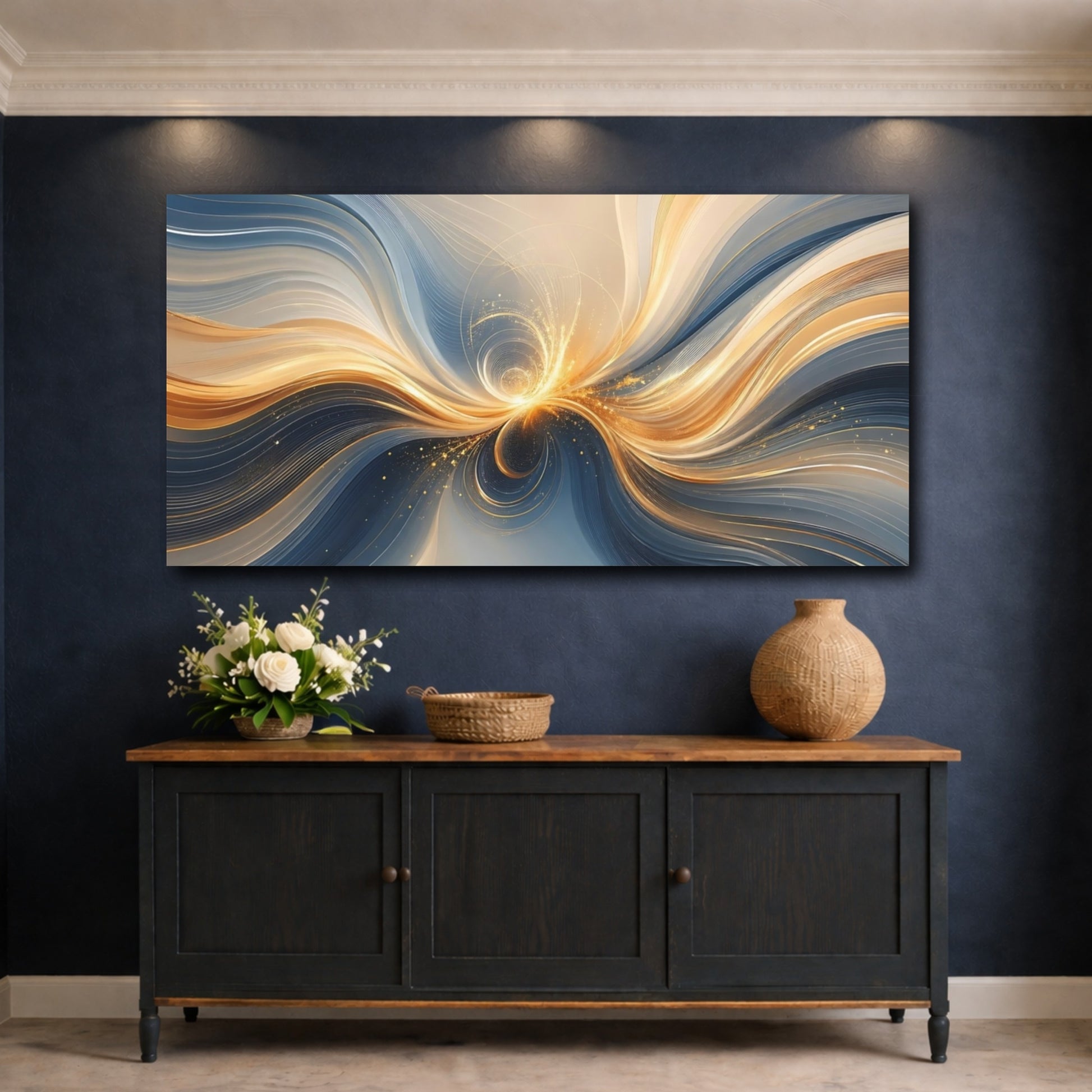 Mockup 4. Abstract Energy Burst Blue And Gold shown as stretched canvas wall art