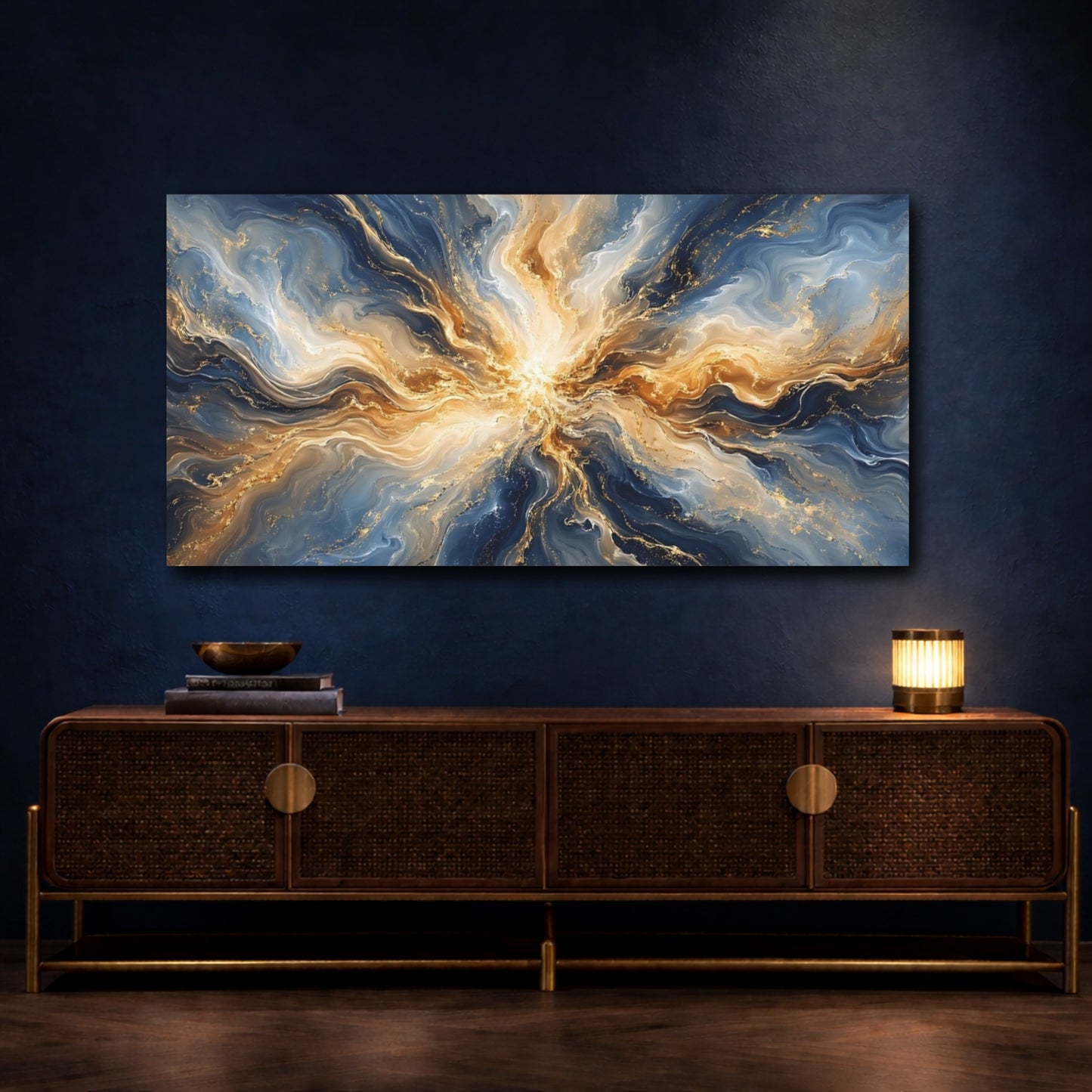 Mockup 4. Abstract Energy Burst Blue And Gold shown as stretched canvas wall art