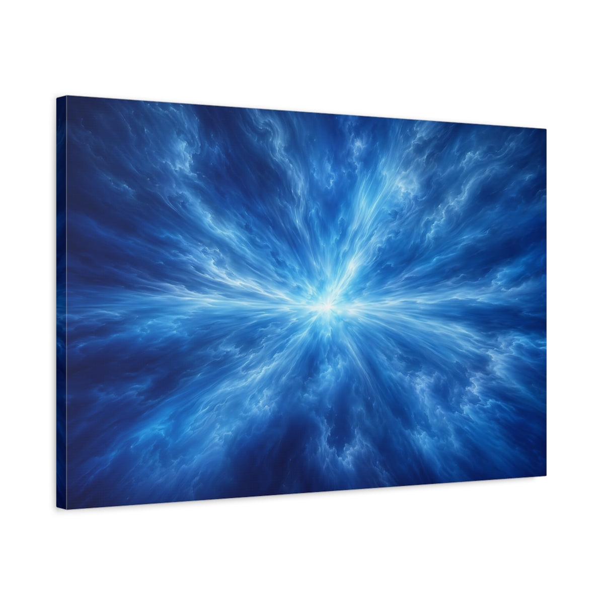 Side Mockup 2. Abstract Energy Burst Blue Abstract shown as stretched canvas wall art