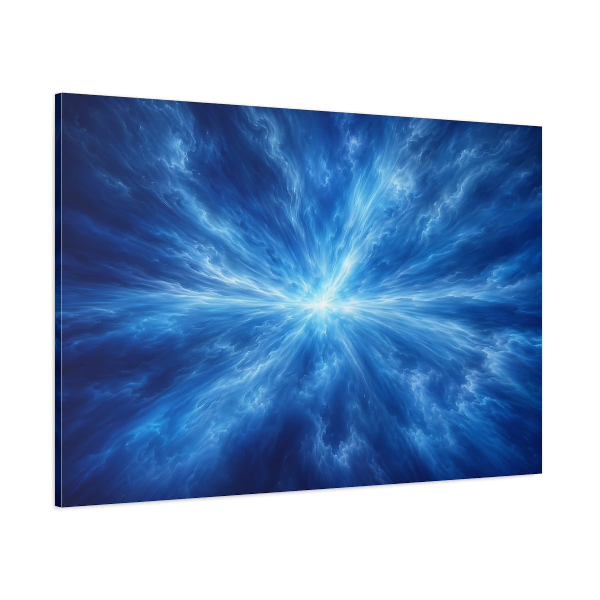 Side Mockup 1. Abstract Energy Burst Blue Abstract shown as stretched canvas wall art