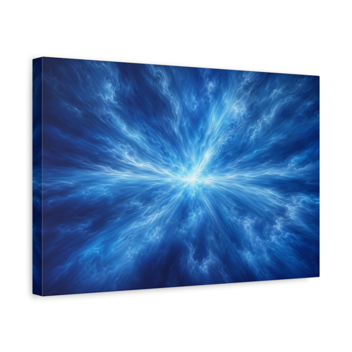 Side Mockup 4. Abstract Energy Burst Blue Abstract shown as stretched canvas wall art